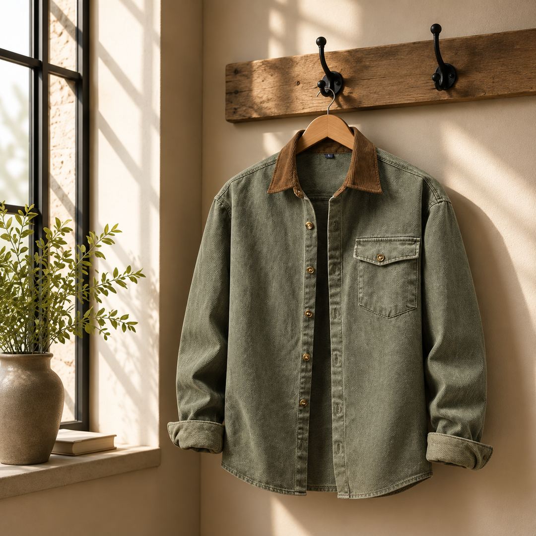 Olive corduroy-trim overshirt, hanging