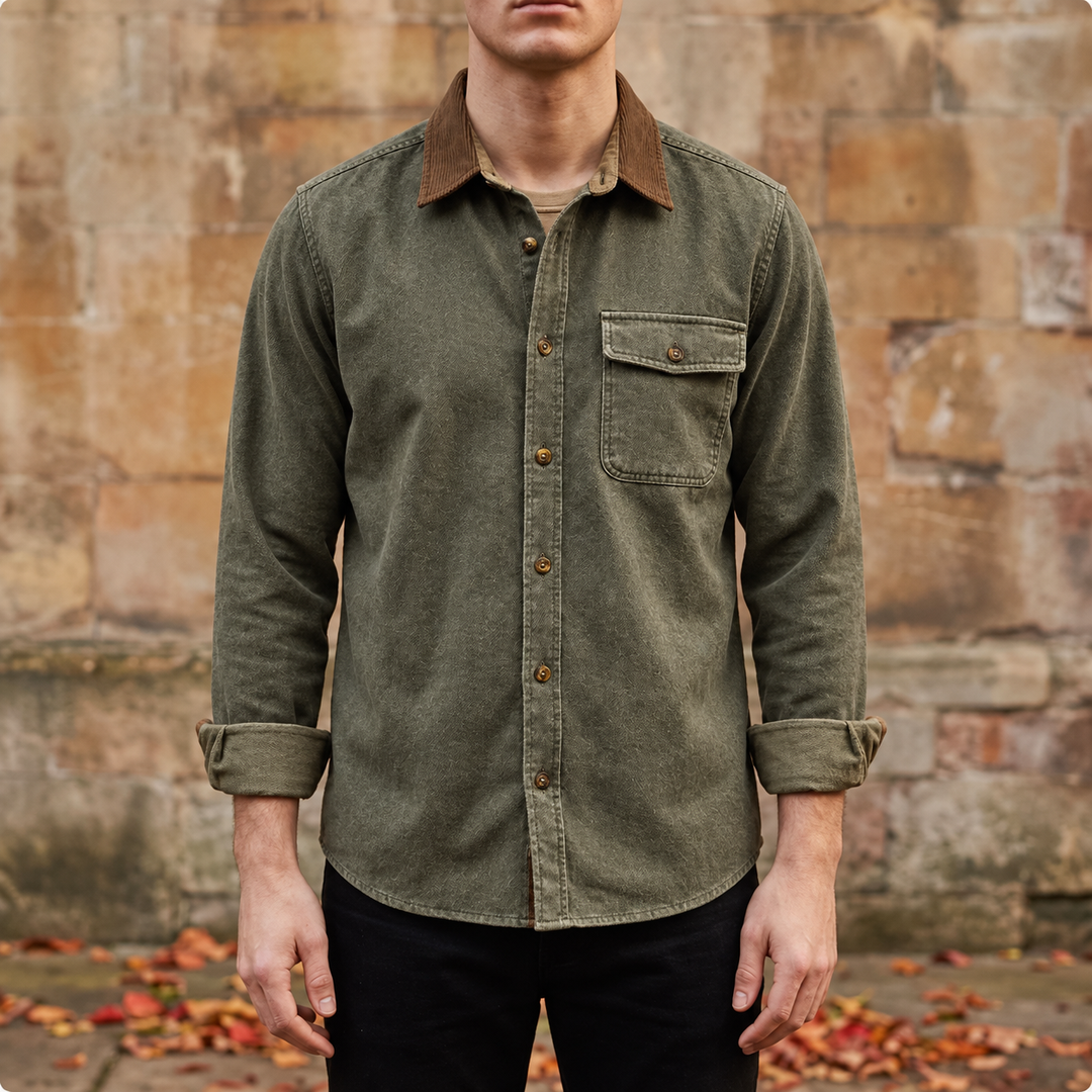 Olive corduroy-trim overshirt, worn