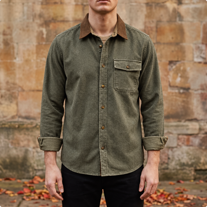 Olive corduroy-trim overshirt, worn
