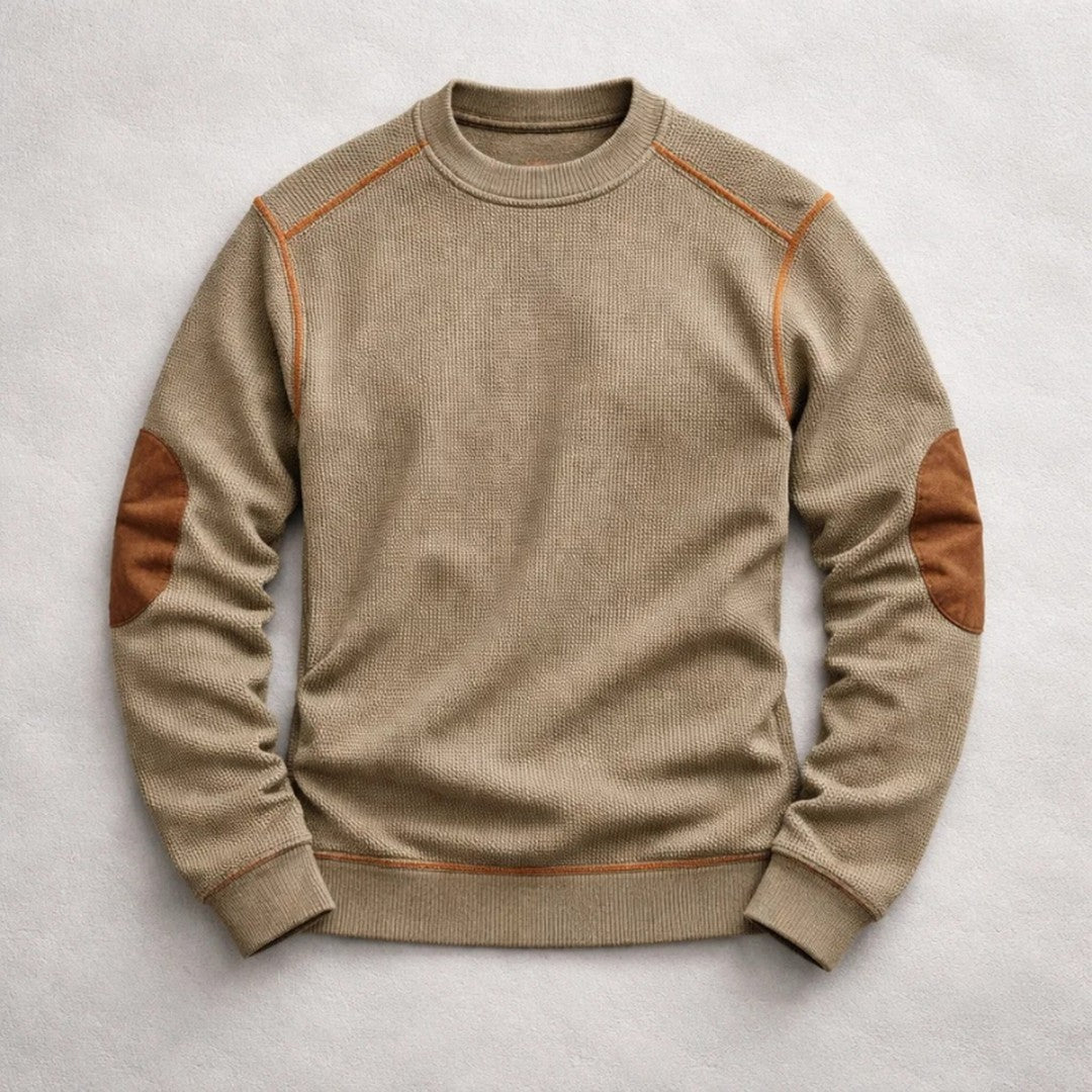 Contrast-Stitch Crew Neck Sweater with Elbow Patches