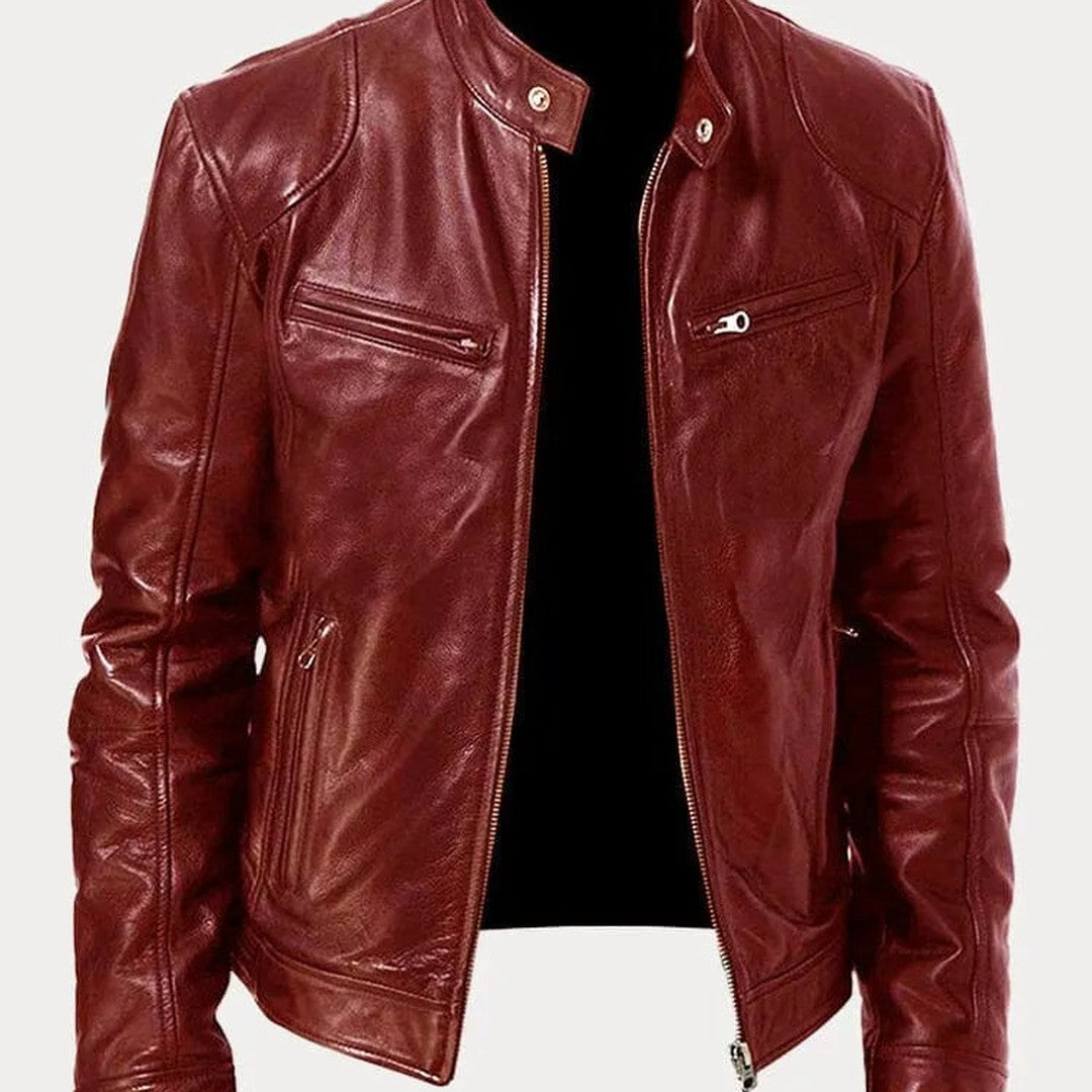 Leather-Look Biker Jacket - Wine Red