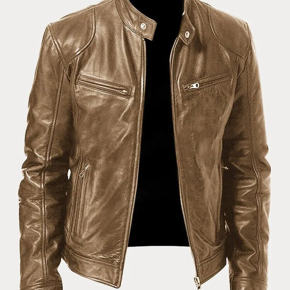 Leather-Look Biker Jacket - Khaki