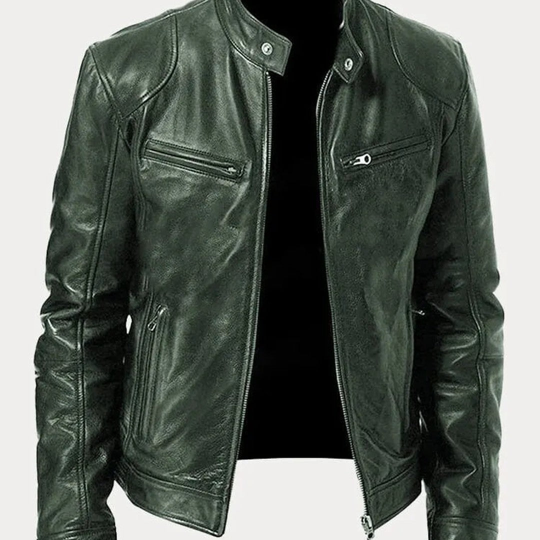 Leather-Look Biker Jacket - Army Green