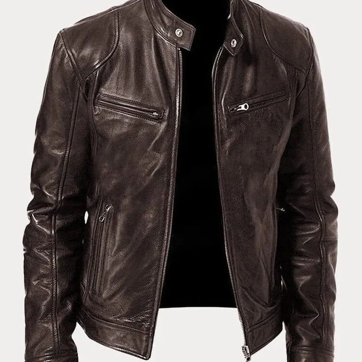 Leather-Look Biker Jacket - Brown