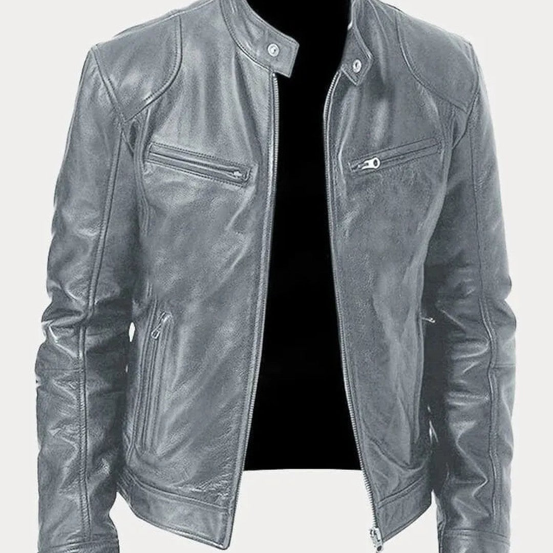 Leather-Look Biker Jacket - Grey