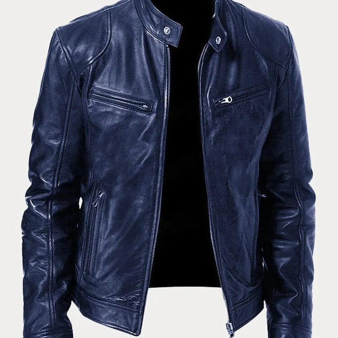 Leather-Look Biker Jacket - Dark Blue