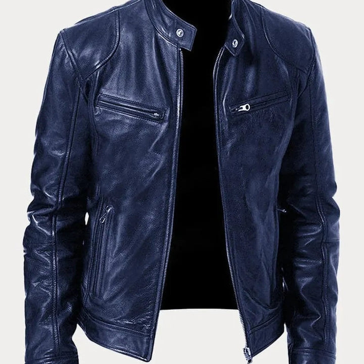Leather-Look Biker Jacket - Dark Blue