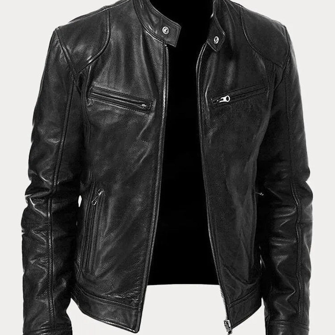 Leather-Look Biker Jacket - Black