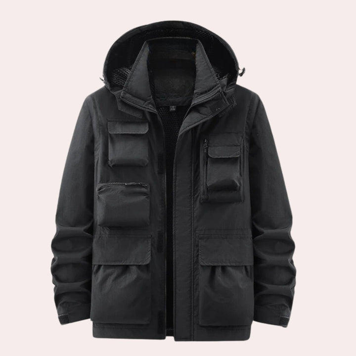 Four-Pocket Hooded Utility Jacket with Mesh-Lined Hood