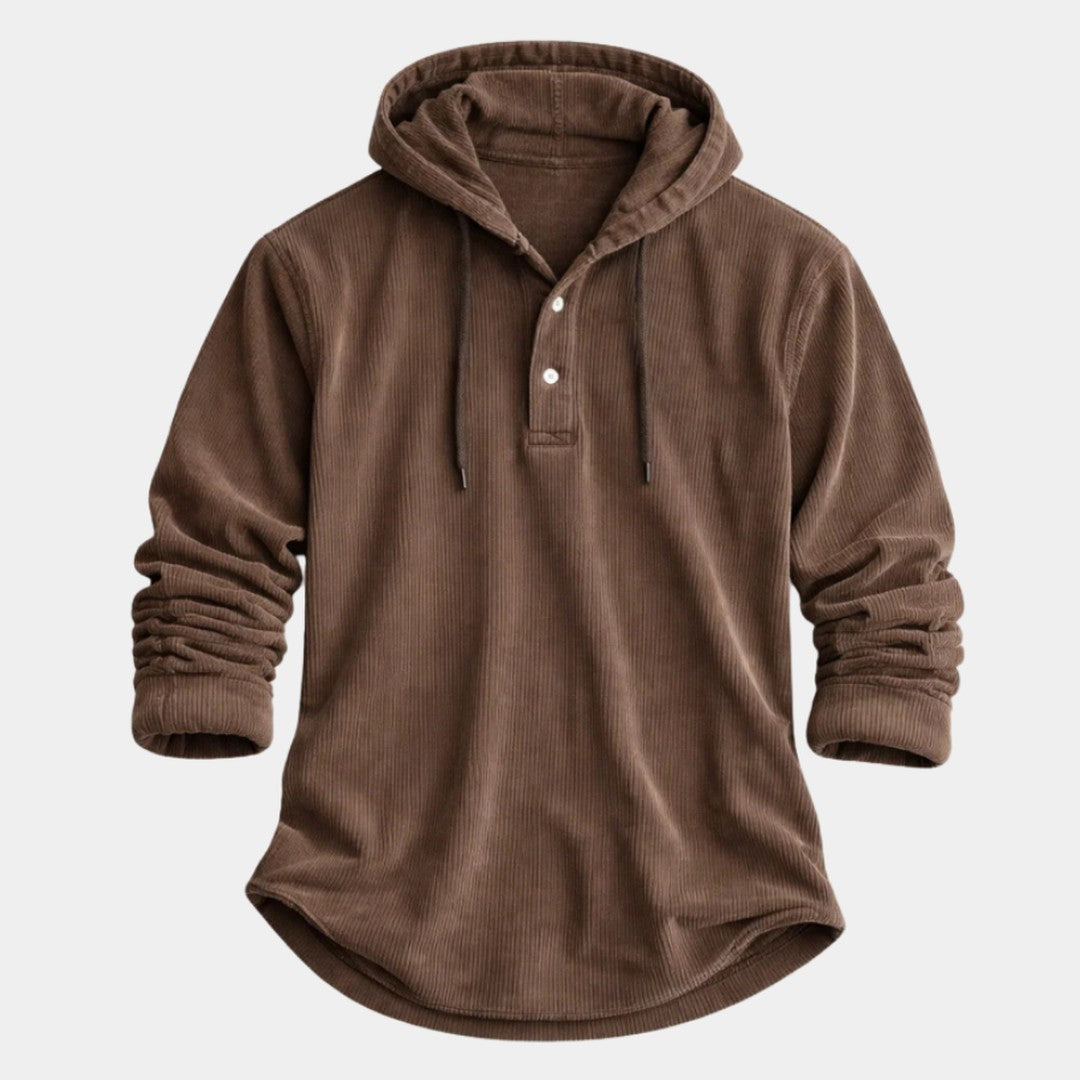 Corduroy Button-Placket Pullover Hoodie