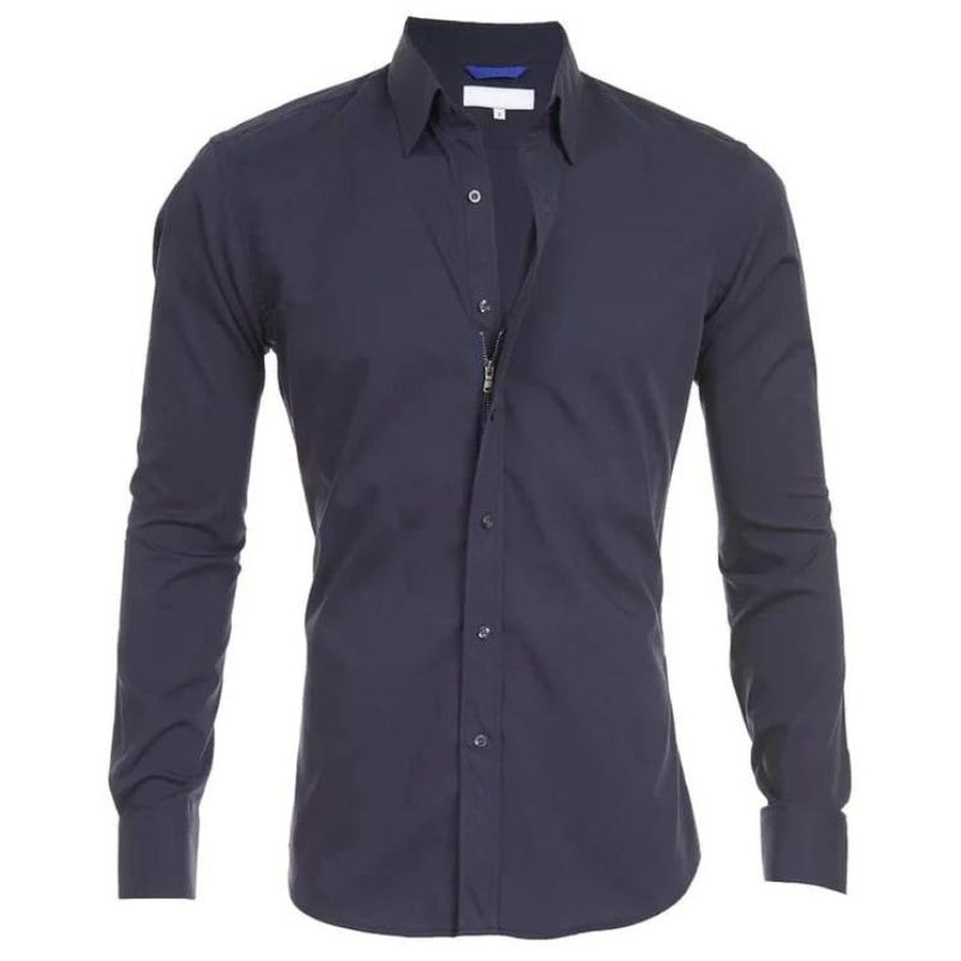 Hidden-Zip Button-Front Shirt - Navy