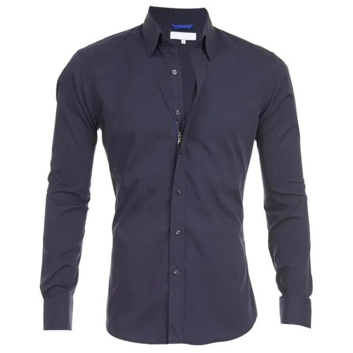 Hidden-Zip Button-Front Shirt - Navy