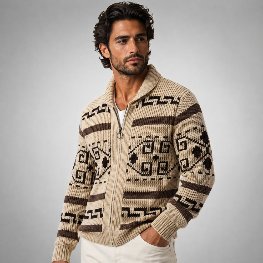 Jacquard Shawl Collar Zip Cardigan