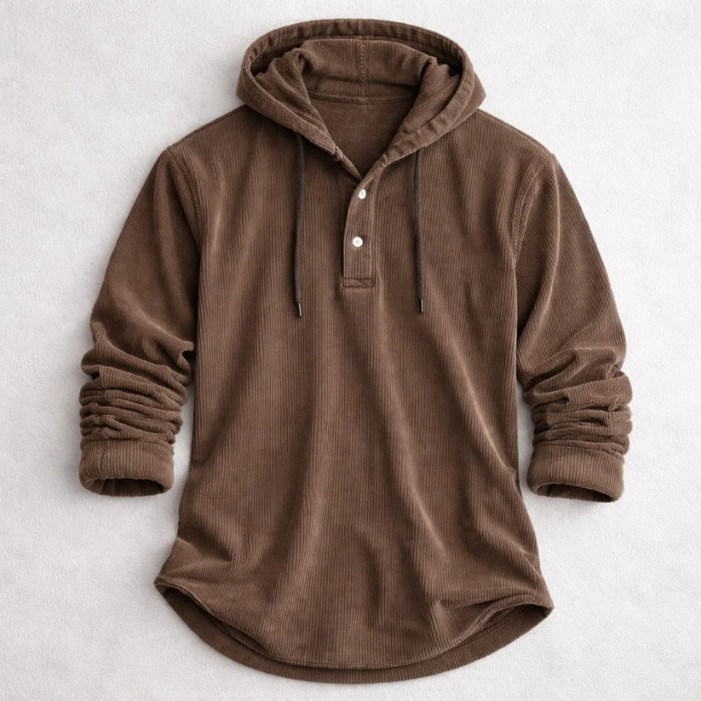 Corduroy Button-Placket Pullover Hoodie