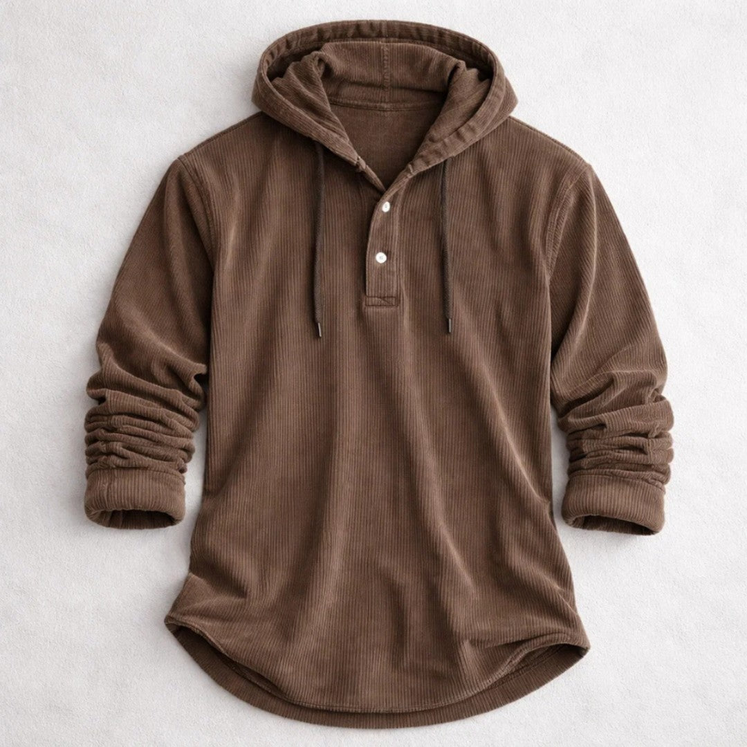 Corduroy Button-Placket Pullover Hoodie