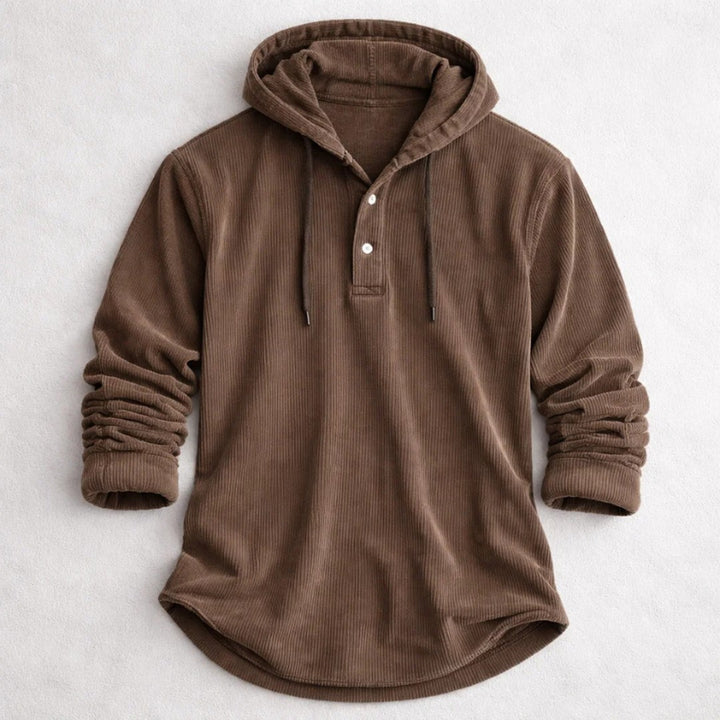 Corduroy Button-Placket Pullover Hoodie