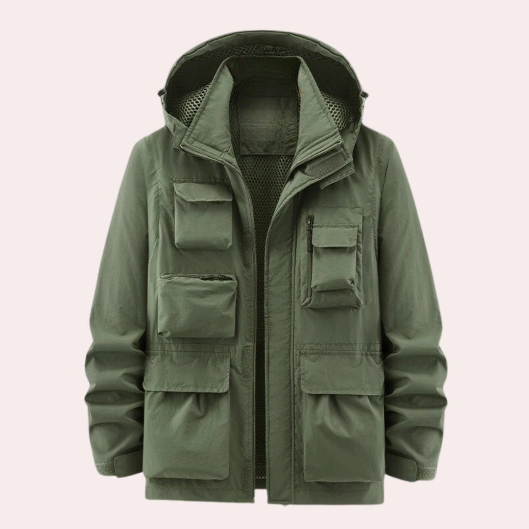 Four-Pocket Hooded Utility Jacket with Mesh-Lined Hood