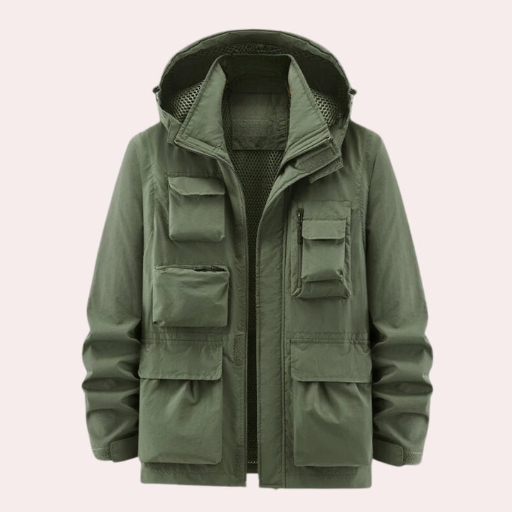 Four-Pocket Hooded Utility Jacket with Mesh-Lined Hood