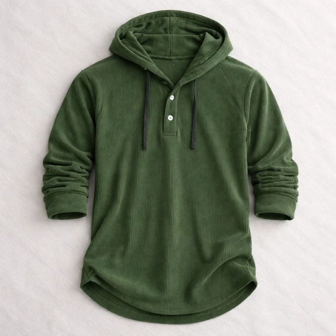 Corduroy Button-Placket Pullover Hoodie