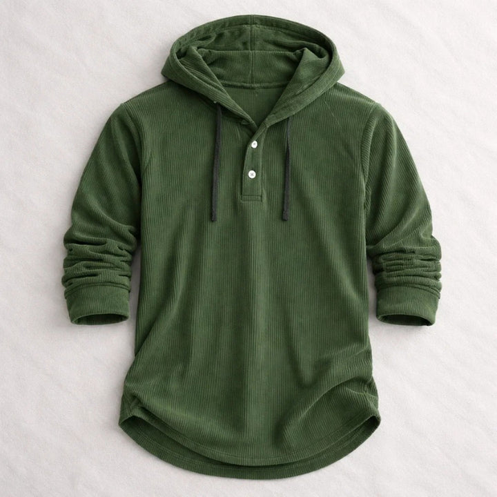 Corduroy Button-Placket Pullover Hoodie