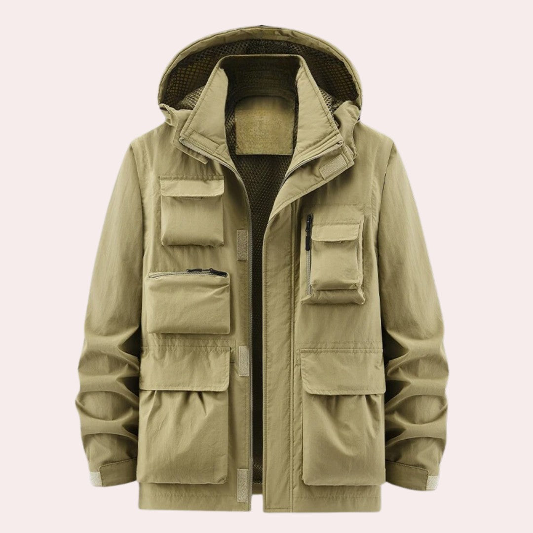 Four-Pocket Hooded Utility Jacket with Mesh-Lined Hood