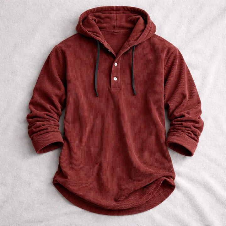 Corduroy Button-Placket Pullover Hoodie