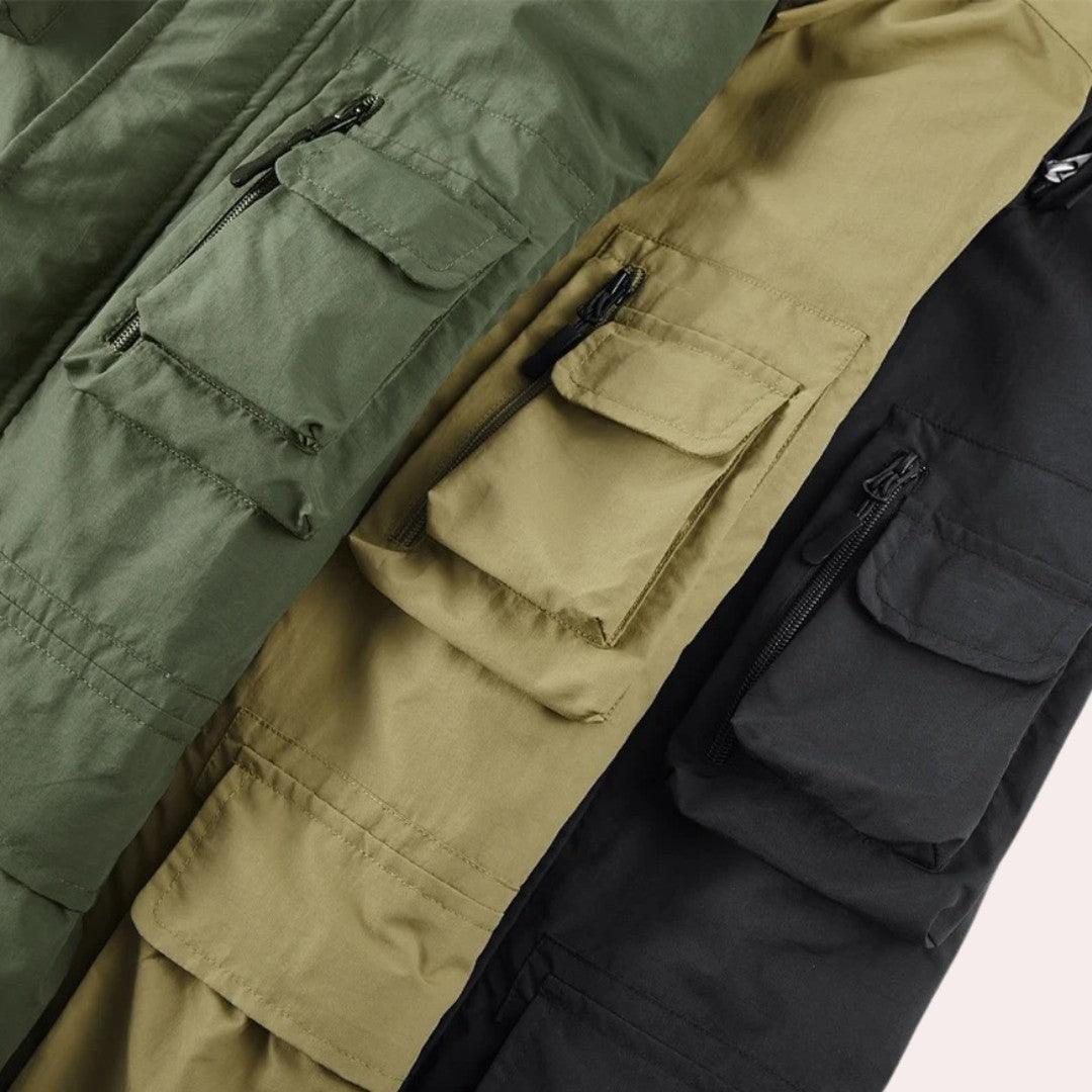 Four-Pocket Hooded Utility Jacket with Mesh-Lined Hood