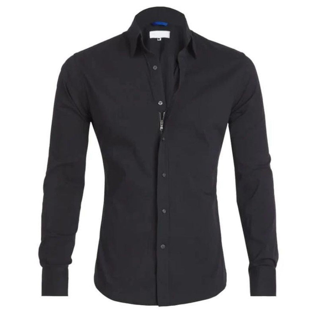 Hidden-Zip Button-Front Shirt - Black