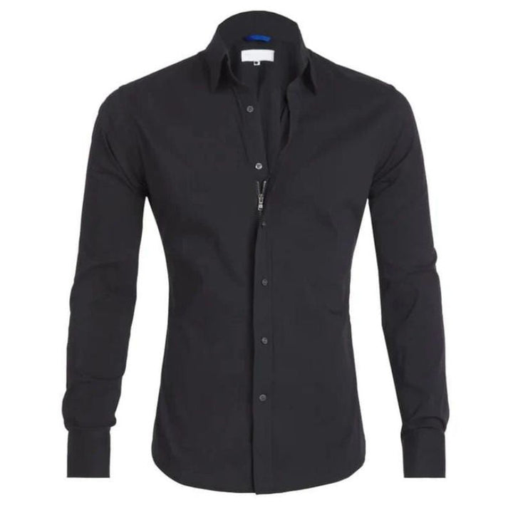Hidden-Zip Button-Front Shirt - Black