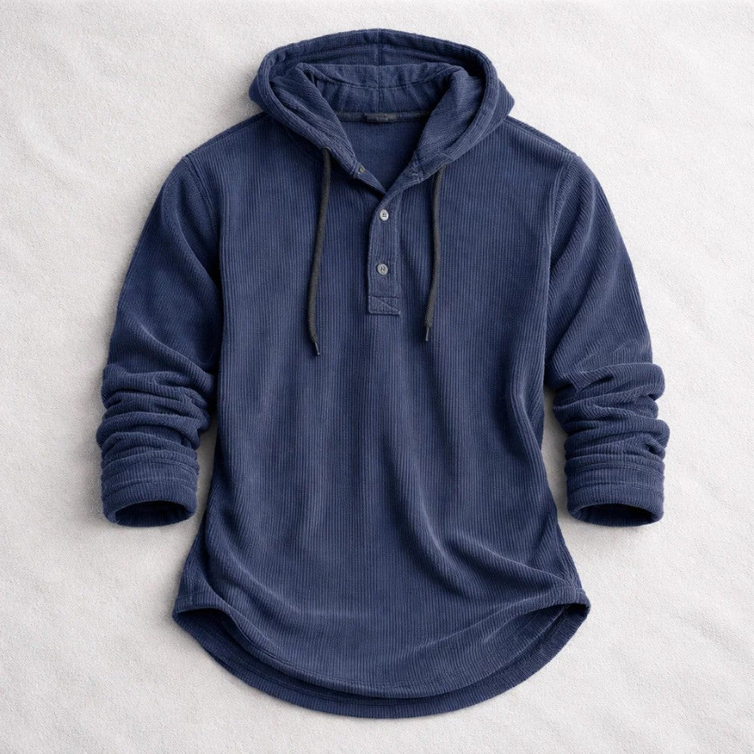 Corduroy Button-Placket Pullover Hoodie