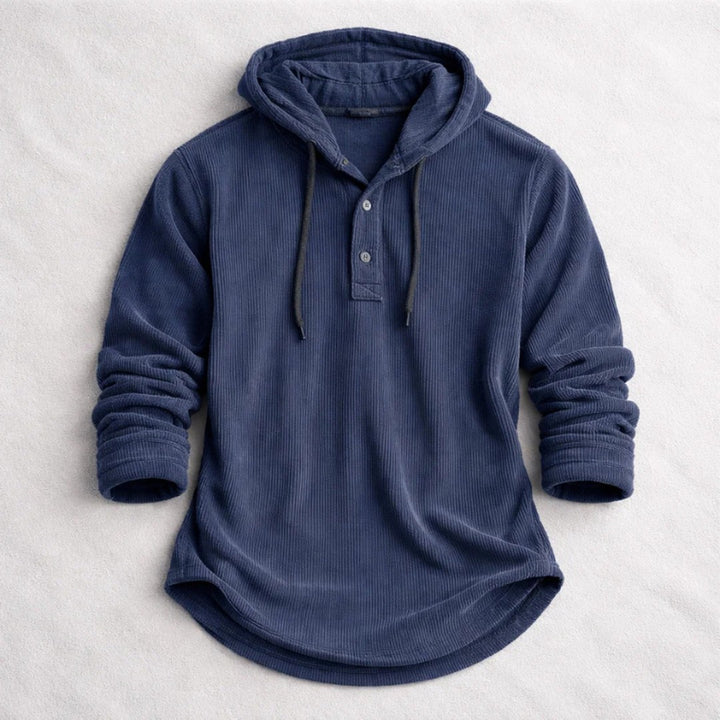 Corduroy Button-Placket Pullover Hoodie
