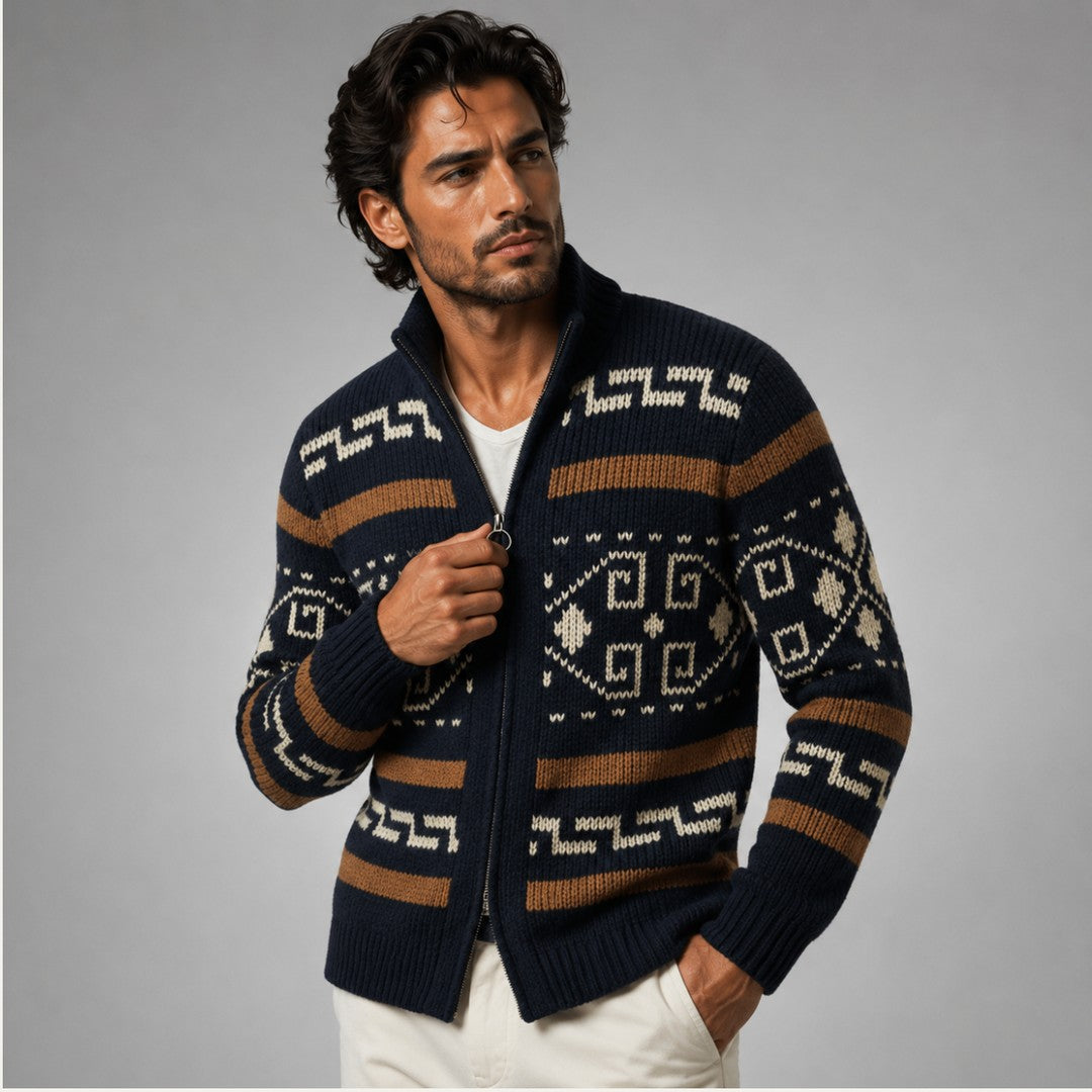 Jacquard Shawl Collar Zip Cardigan