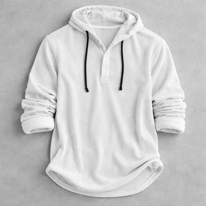 Corduroy Button-Placket Pullover Hoodie