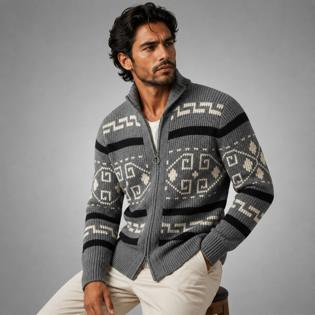 Jacquard Shawl Collar Zip Cardigan