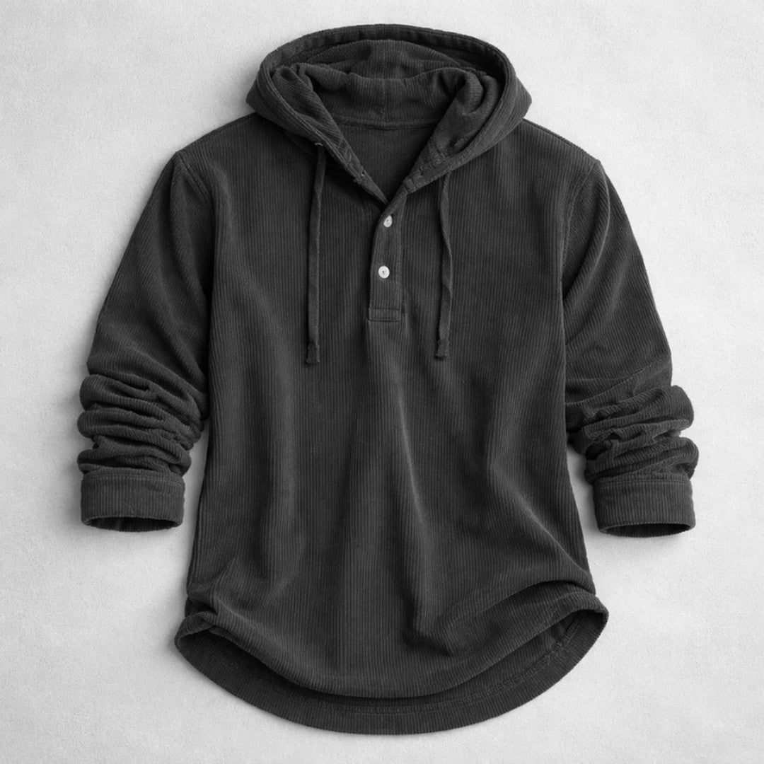 Corduroy Button-Placket Pullover Hoodie