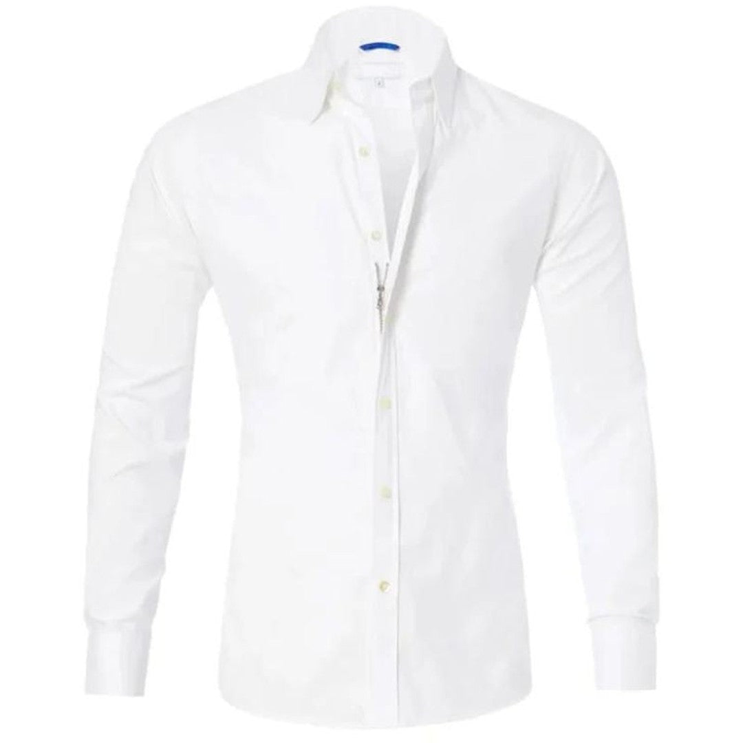 Hidden-Zip Button-Front Shirt - White