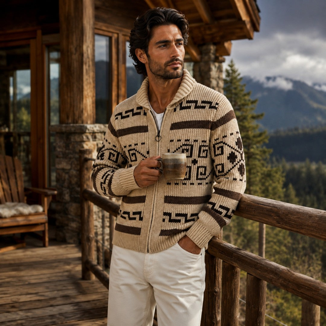 Jacquard Shawl Collar Zip Cardigan