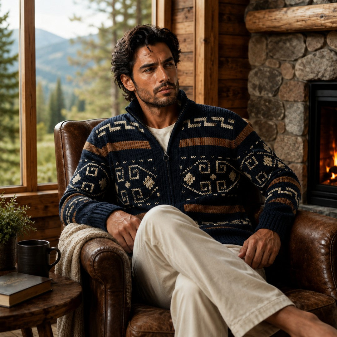 Jacquard Shawl Collar Zip Cardigan