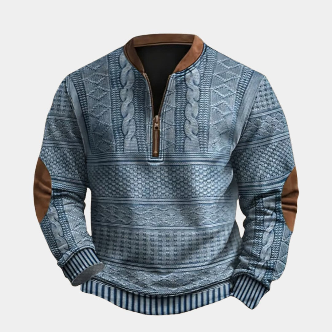 Cable-Pattern Half-Zip Pullover with Elbow Patches