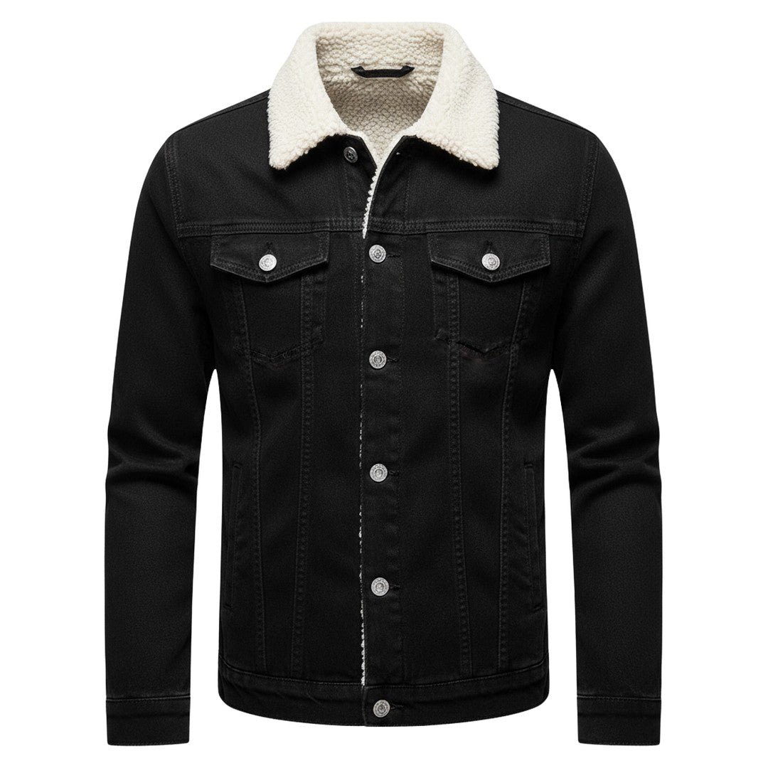 Men’s Fleece-Lined Denim Jacket with Lapel Collar