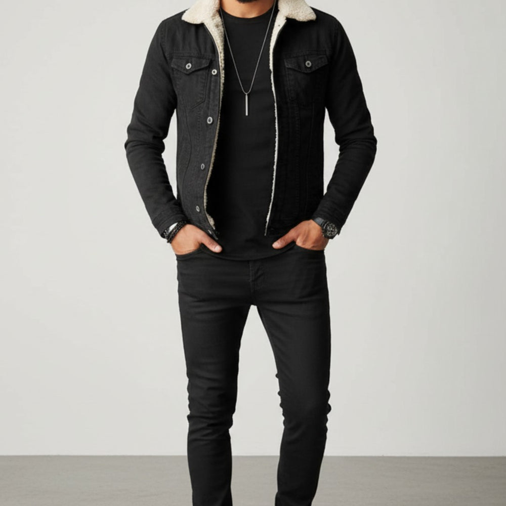 Men’s Fleece-Lined Denim Jacket with Lapel Collar