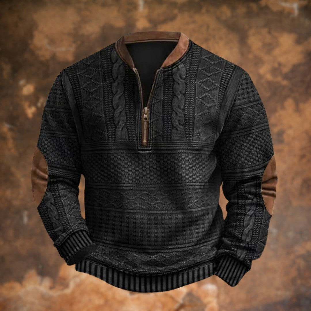 Cable-Pattern Half-Zip Pullover with Elbow Patches