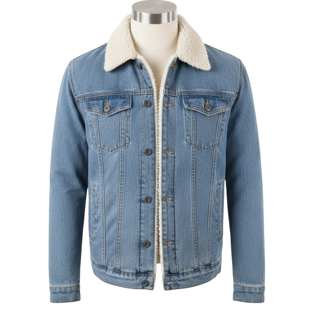 Men’s Fleece-Lined Denim Jacket with Lapel Collar