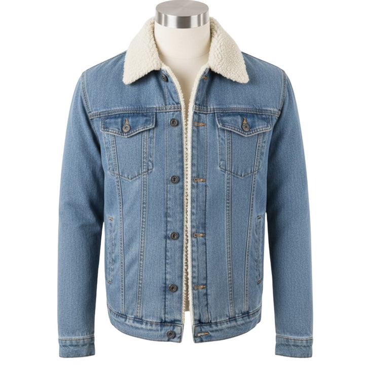 Men’s Fleece-Lined Denim Jacket with Lapel Collar