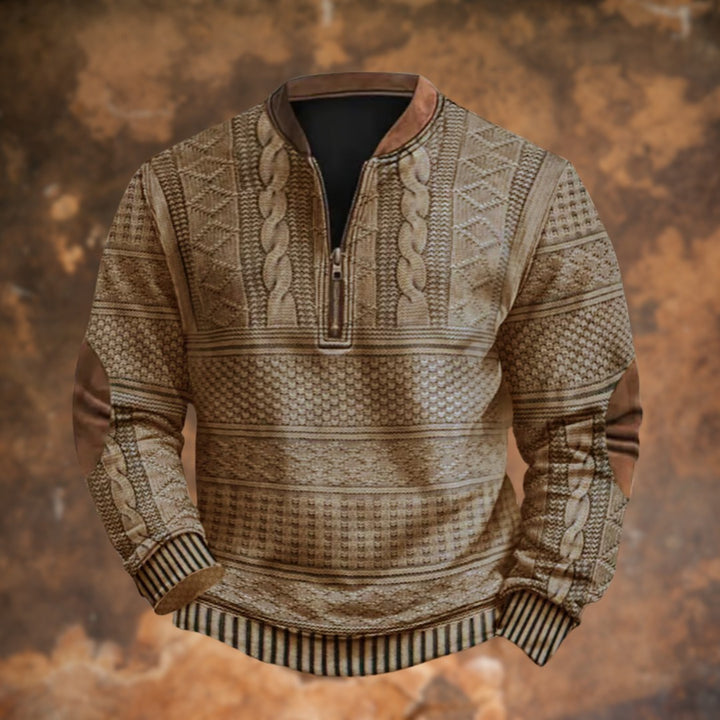 Cable-Pattern Half-Zip Pullover with Elbow Patches