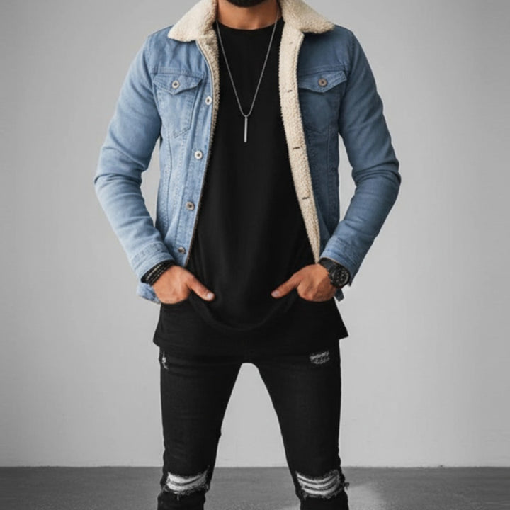 Men’s Fleece-Lined Denim Jacket with Lapel Collar