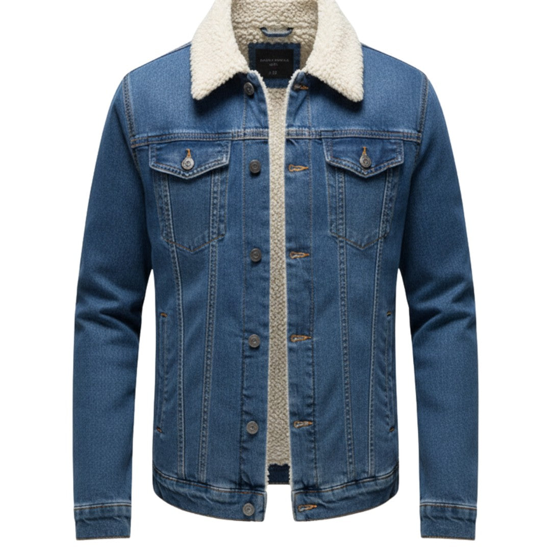 Men’s Fleece-Lined Denim Jacket with Lapel Collar
