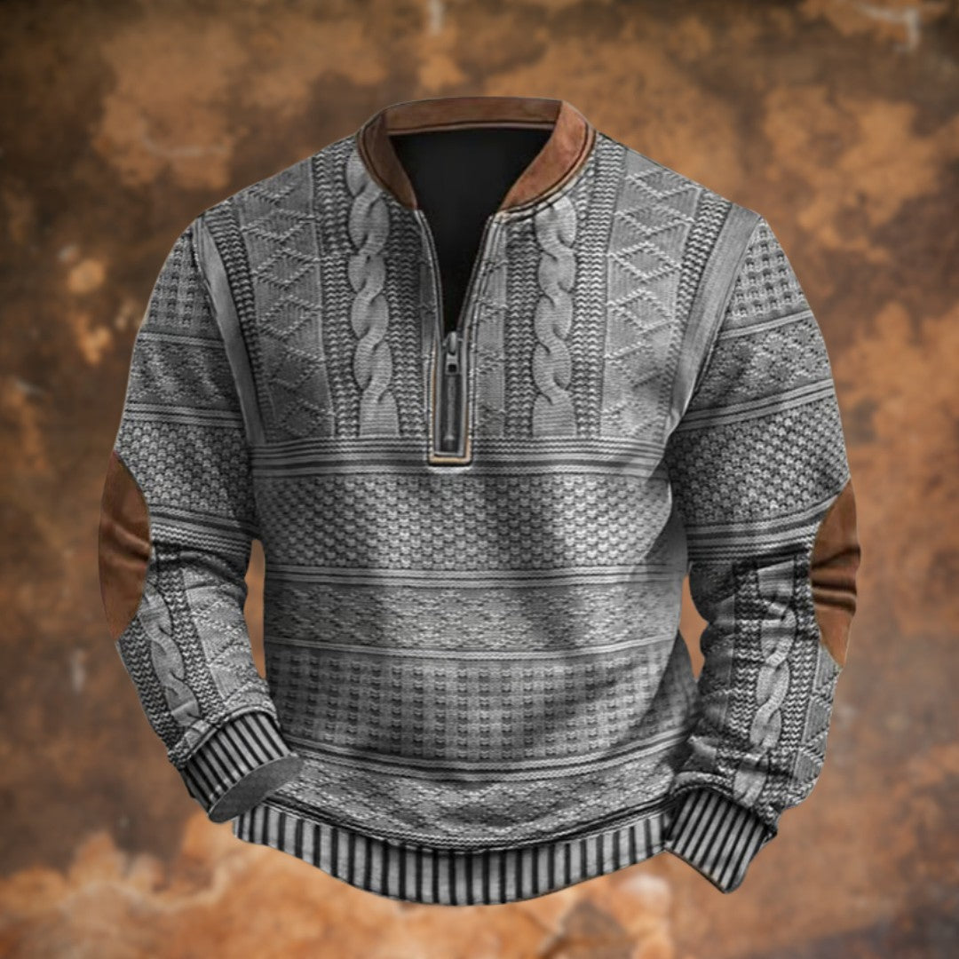 Cable-Pattern Half-Zip Pullover with Elbow Patches