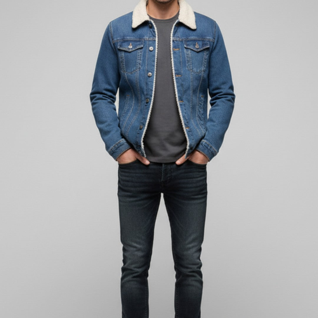 Men’s Fleece-Lined Denim Jacket with Lapel Collar