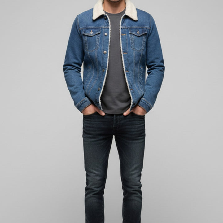 Men’s Fleece-Lined Denim Jacket with Lapel Collar